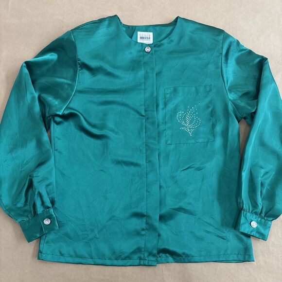 Leslie Fay Separates Green Satin Blouse Rhinestone Size 8 - Picture 1 of 7